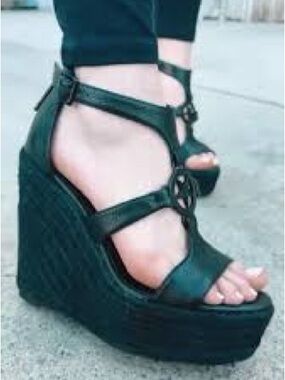 Blackcraft Cult Rosalie Espadrille Women's Black Wedge Sandals with Ankle Strap